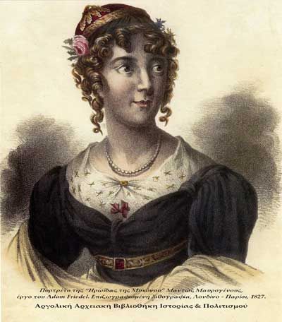 Μαντώ Μαυρογένους (Ηρωίδα της Μυκόνου), έργο του Adam Friedel. Επιζωγραφισμένη λιθογραφία, Λονδίνο - Παρίσι, 1827